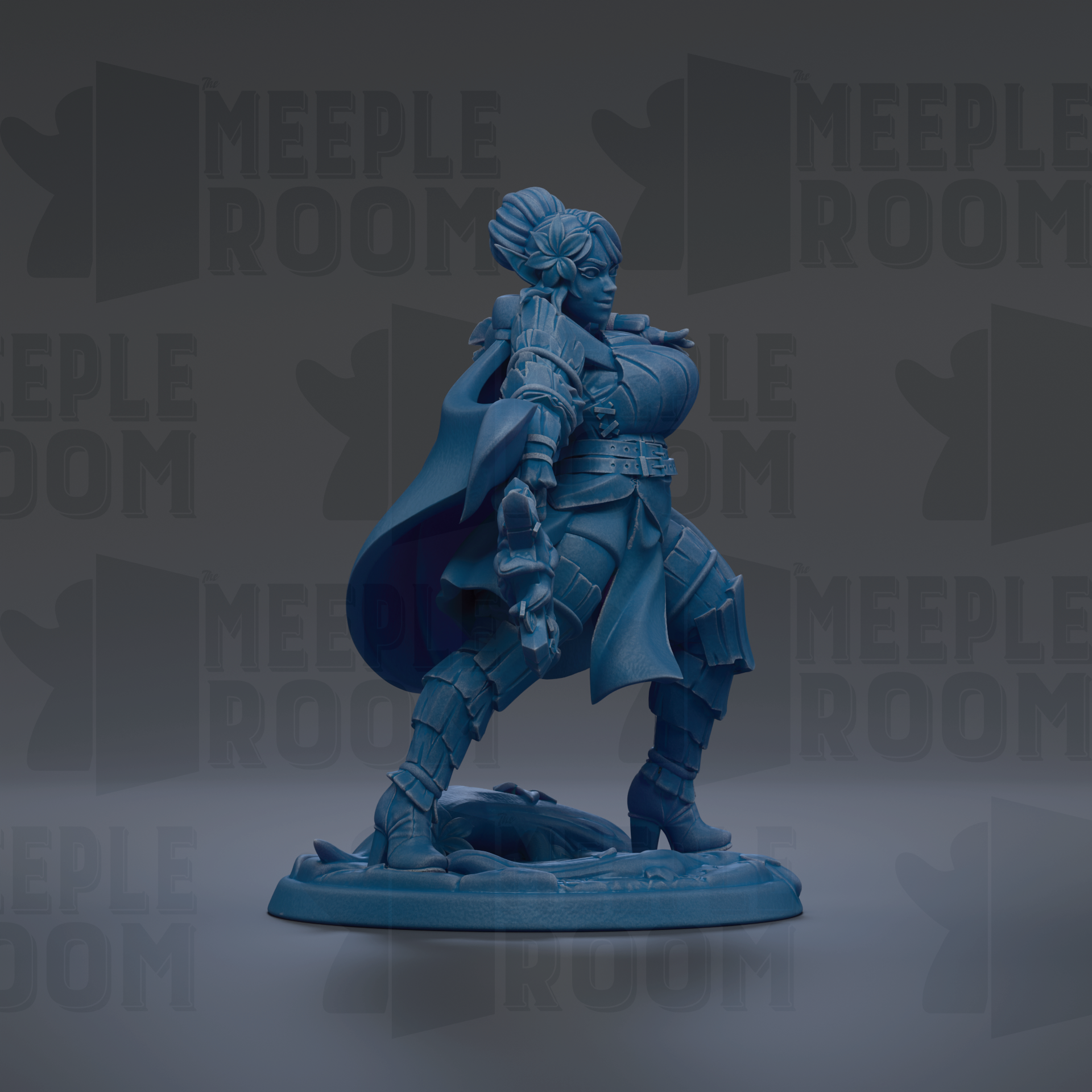 A blue figurine of a person standing on a base, with the text "MEUPLE ROOM" repeated in the background.