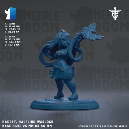 The image is a detailed 3D model of a character, specifically a halfling warrior, with a blue color scheme. The character is standing on a base and holding a weapon, possibly a sword or a bow. The image is described as a "Meeple Room" and is labeled with the base size of 25mm or 50mm. The character is sculpted by "Twin goddesses" and is described as "HADREY, HALFLING WARLOCK".