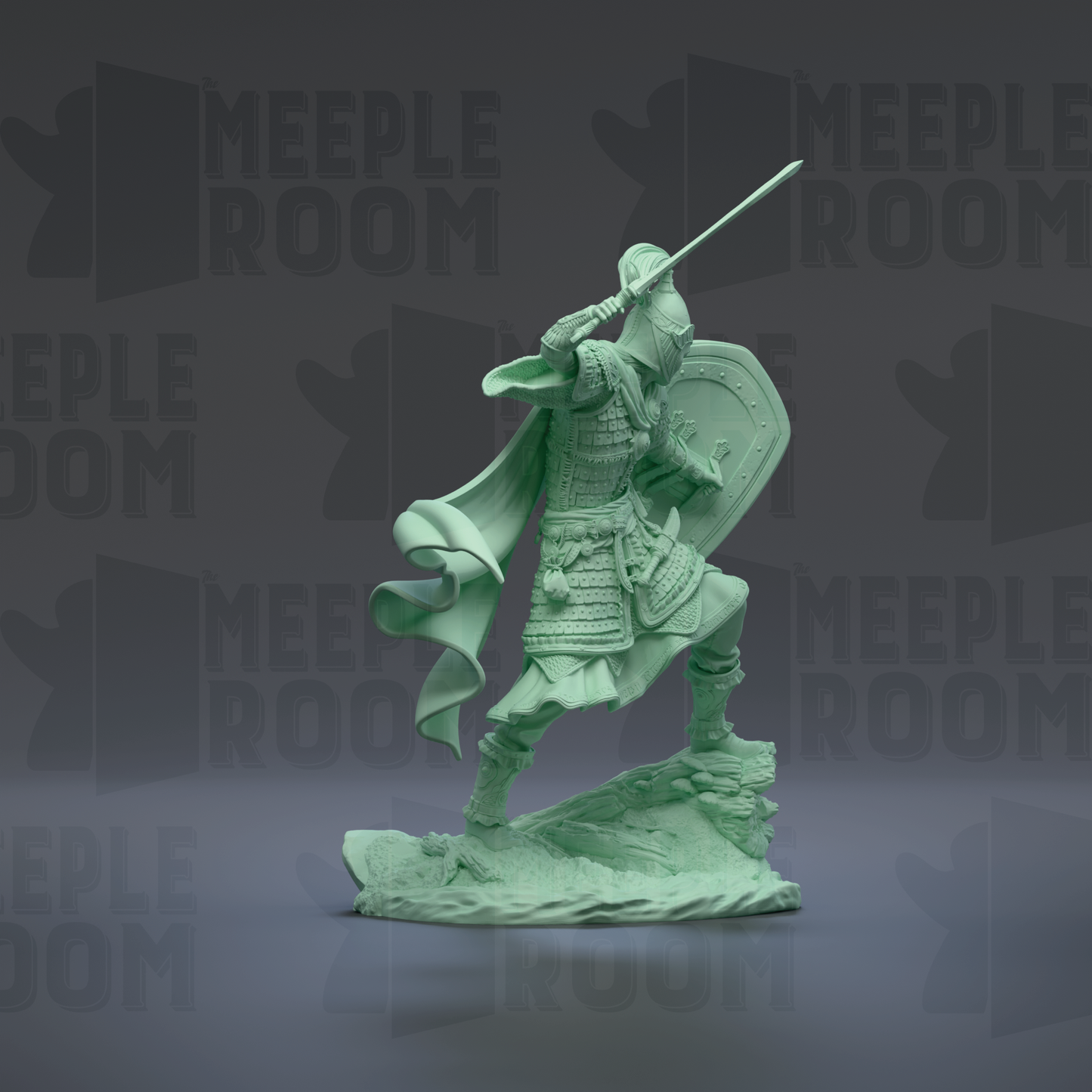 A green statue of a warrior wielding a sword and shield, standing on a rocky outcropping against a dark background with repeated "MEIPLLE ROOM" text.