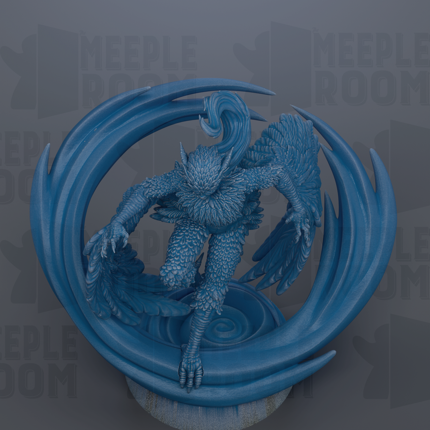 A blue, fantastical creature with wings and a tail is depicted in a dynamic pose, surrounded by a swirling, wave-like structure.