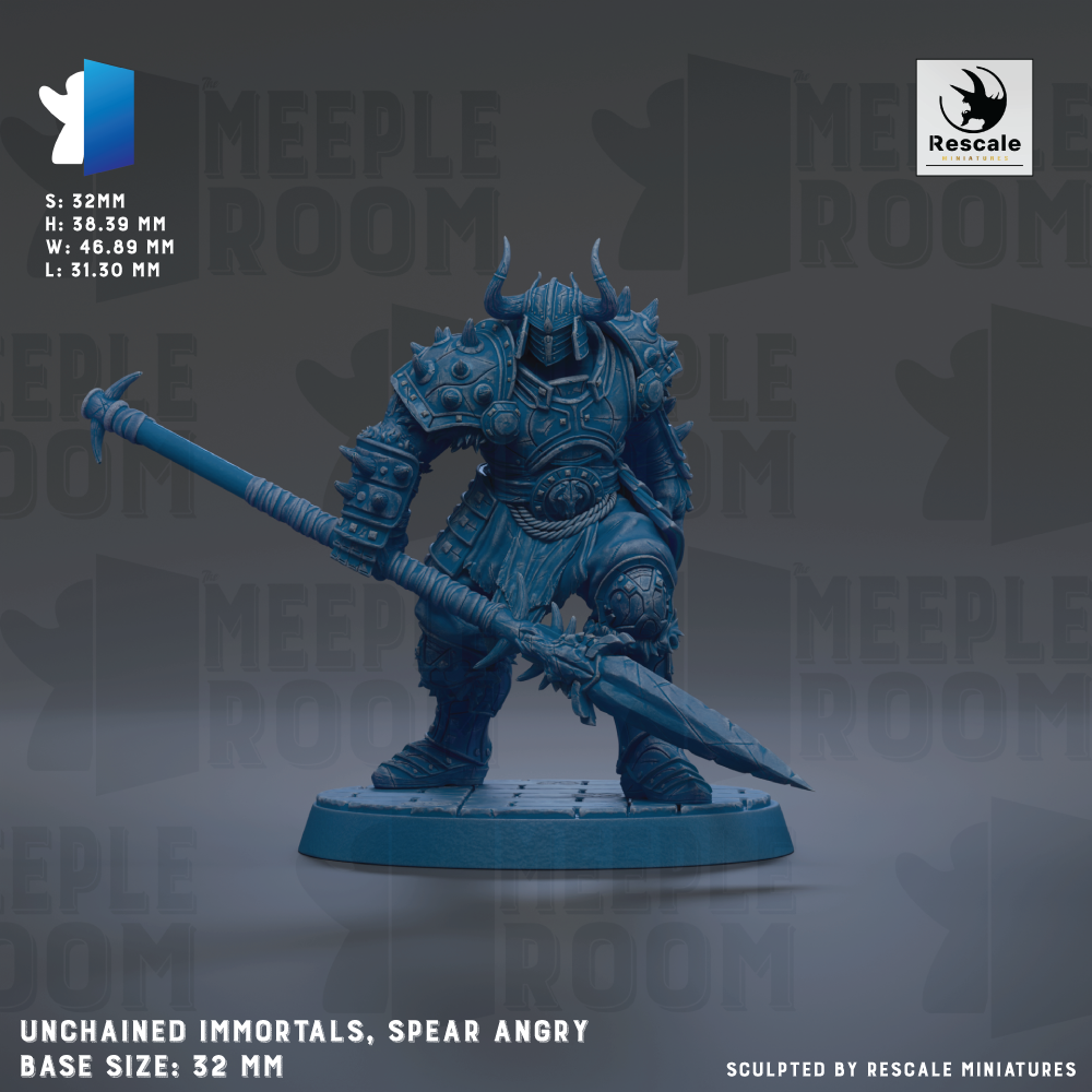 a blue armored warrior wielding a spear and a sword, standing on a platform.