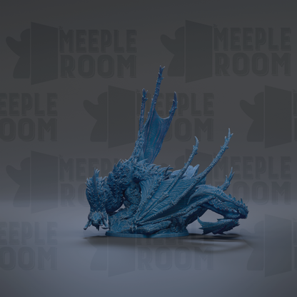 A blue dragon figurine is shown against a dark background with repeated text.