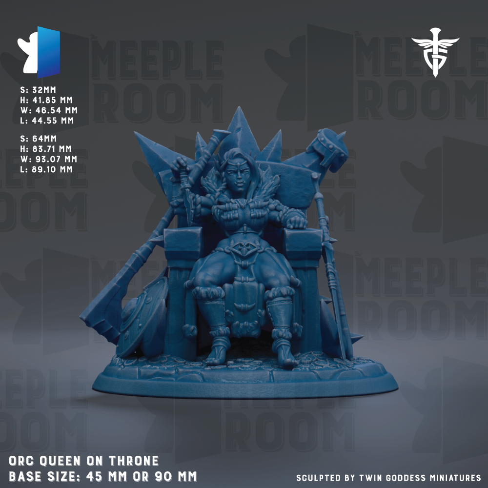 The image is a 3D model of an armored female character, likely a queen, sitting on a throne. The character is depicted in a blue color, and the image is labeled with the text "MEEPLE ROOM" and "ORC QUEEN ON THrone". The base size of the figure is 45 mm or 90 mm, depending on the interpretation. The image is described as a "collage of multiple images" and "sculpted by Twin Goddess Miniatures".
