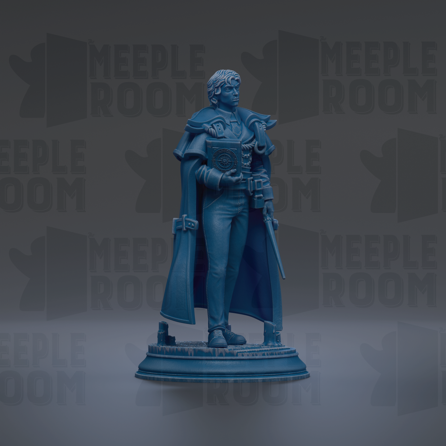 A blue statue of a person standing on a pedestal, with the text "MEUPLE ROOM" repeated in the background.