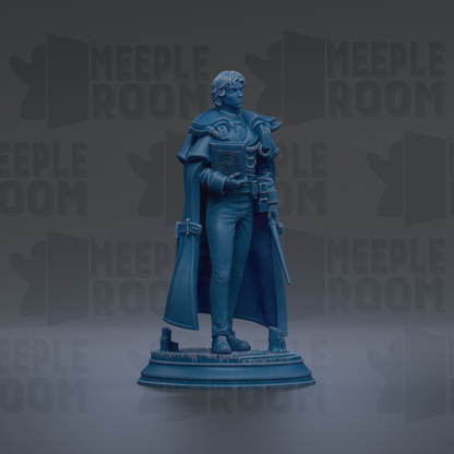 A blue statue of a person standing on a pedestal, with the text "MEUPLE ROOM" repeated in the background.