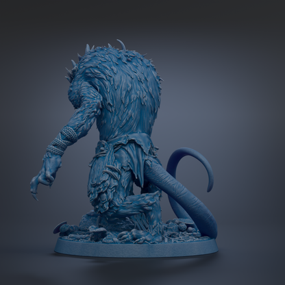 A detailed 3D rendering of a fantastical creature with a large head, long tail, and intricate, textured fur.