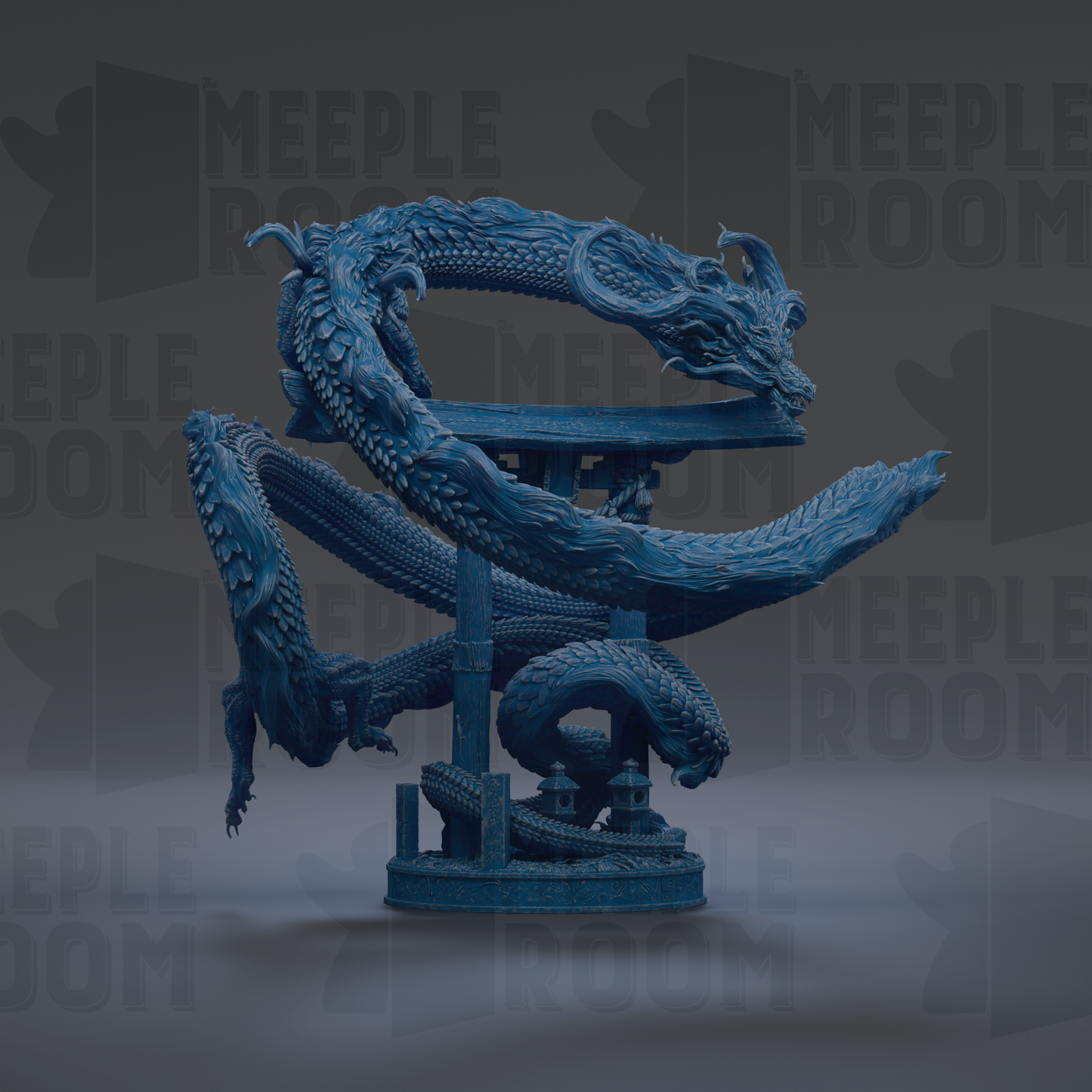 A large, intricately designed blue dragon sculpture is prominently featured in the center of the image, surrounded by a dark background.