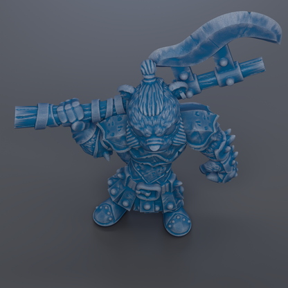 A 3D rendering of a blue armored character holding a large weapon.
