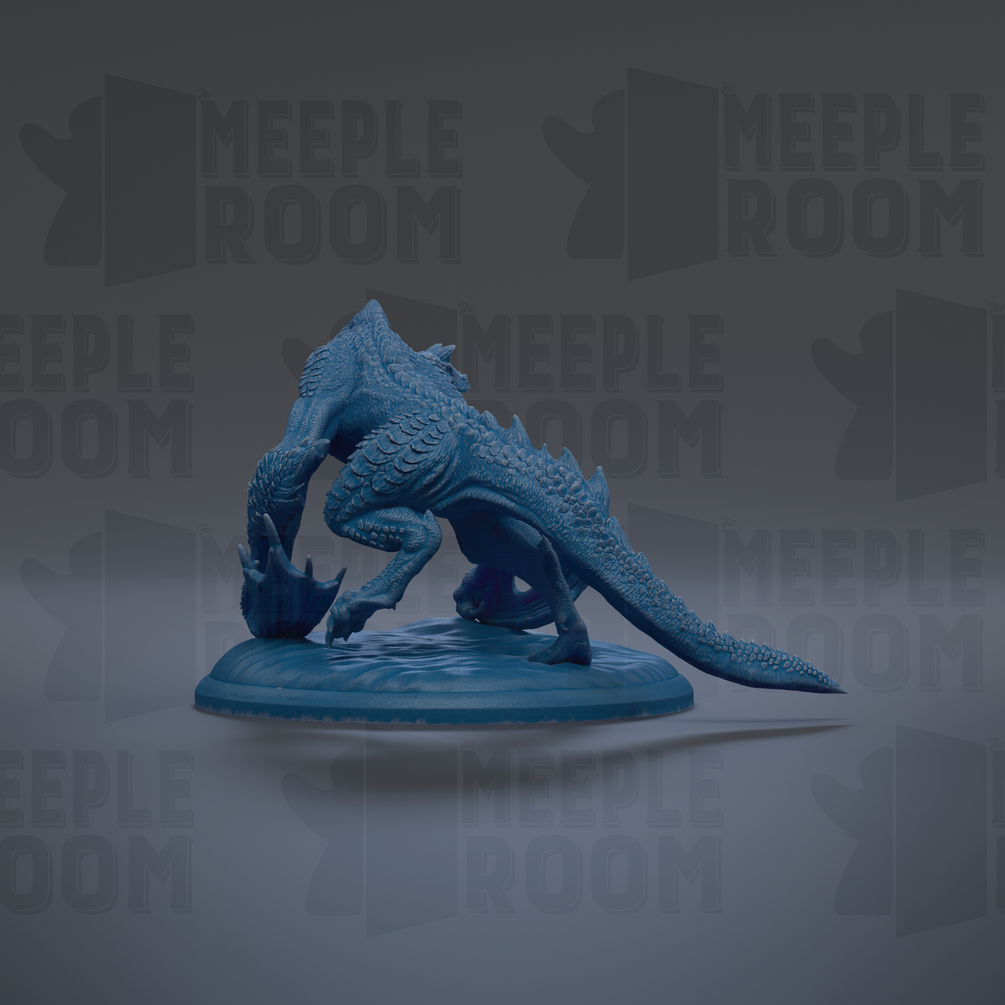 A blue, 3D-rendered creature resembling a dragon or serpent, sitting on a platform against a dark background with repeated text.