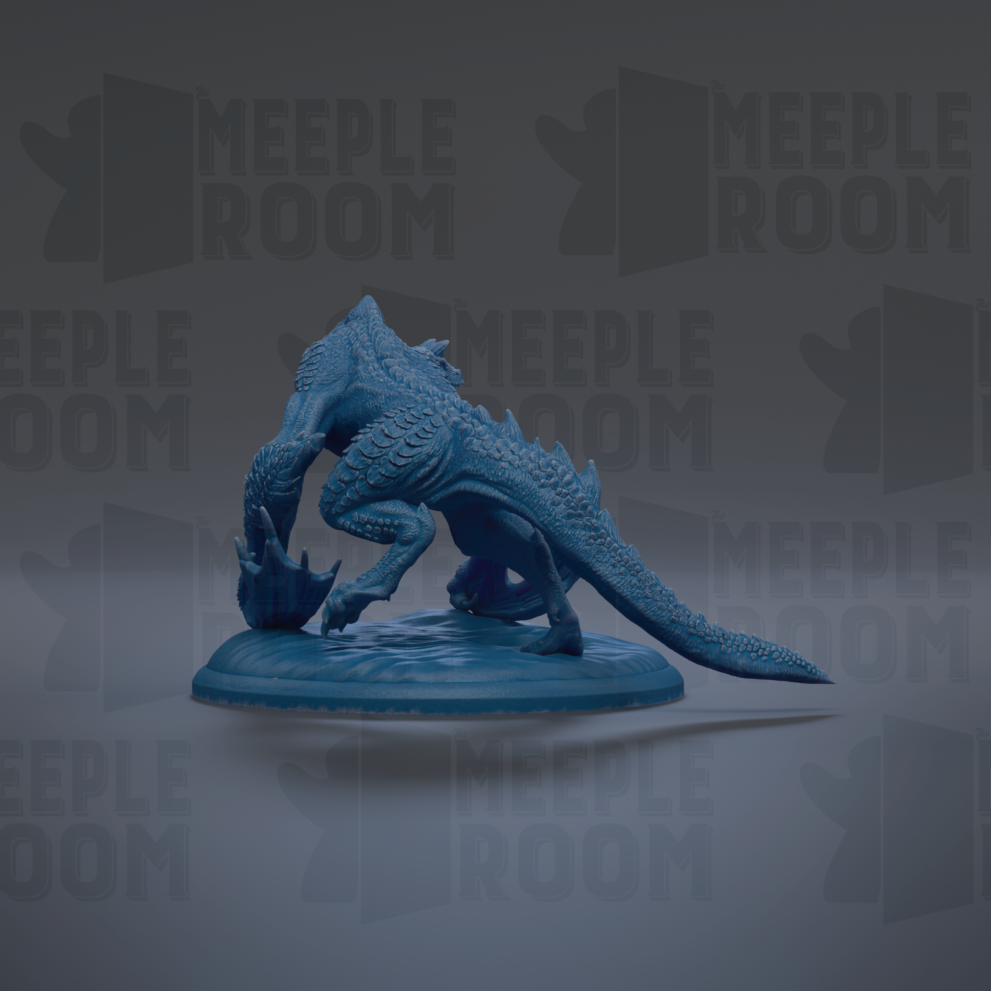 A blue, 3D-rendered creature resembling a dragon or serpent, sitting on a platform against a dark background with repeated text.