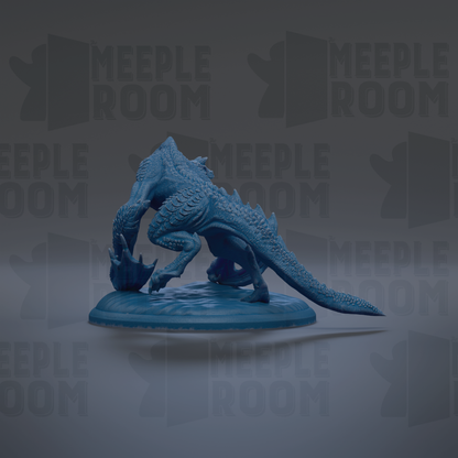 A blue, 3D-rendered creature resembling a dragon or serpent, sitting on a platform against a dark background with repeated text.