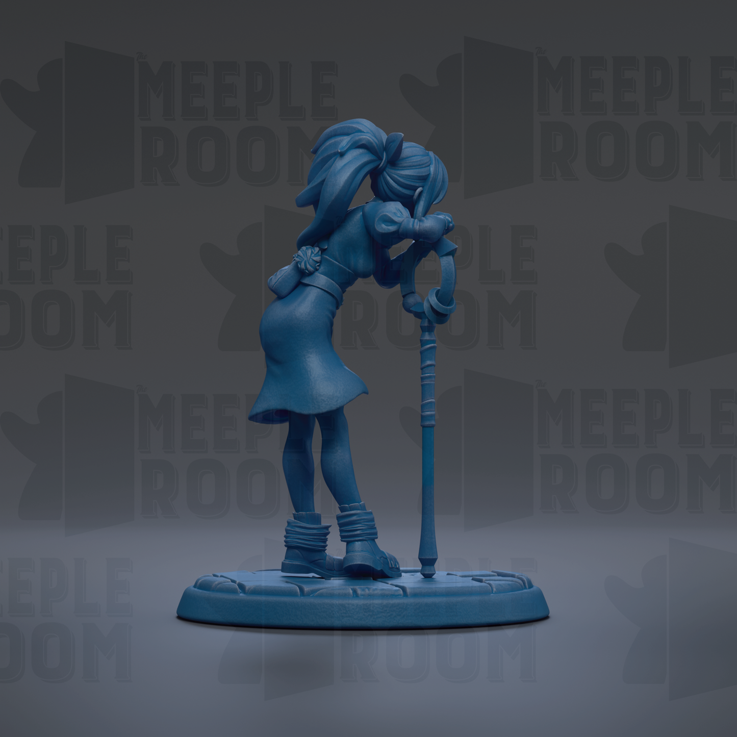 A blue figurine of a person standing on a platform, holding a cane.