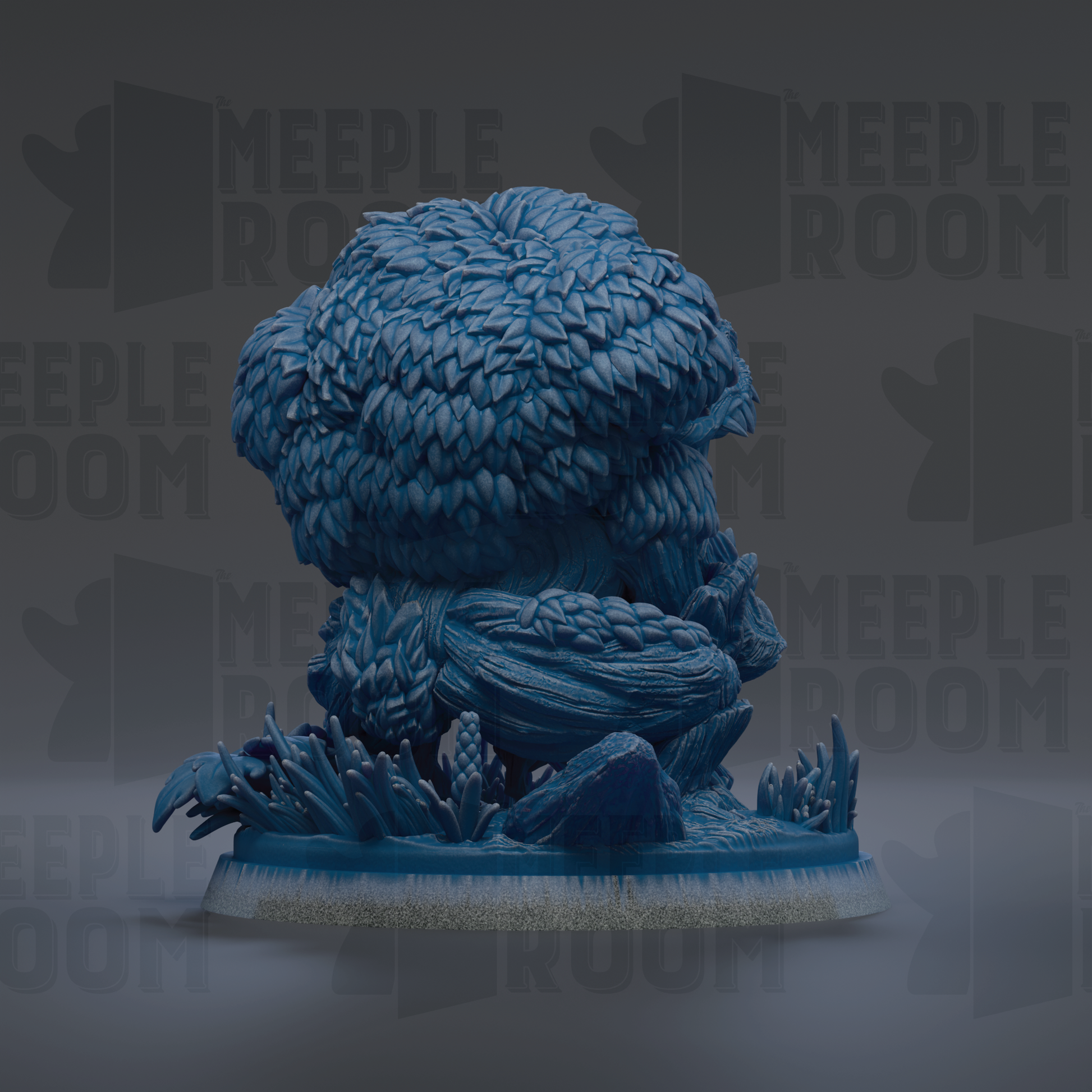 A large, intricate blue sculpture of a tree or plant with a detailed, textured appearance.