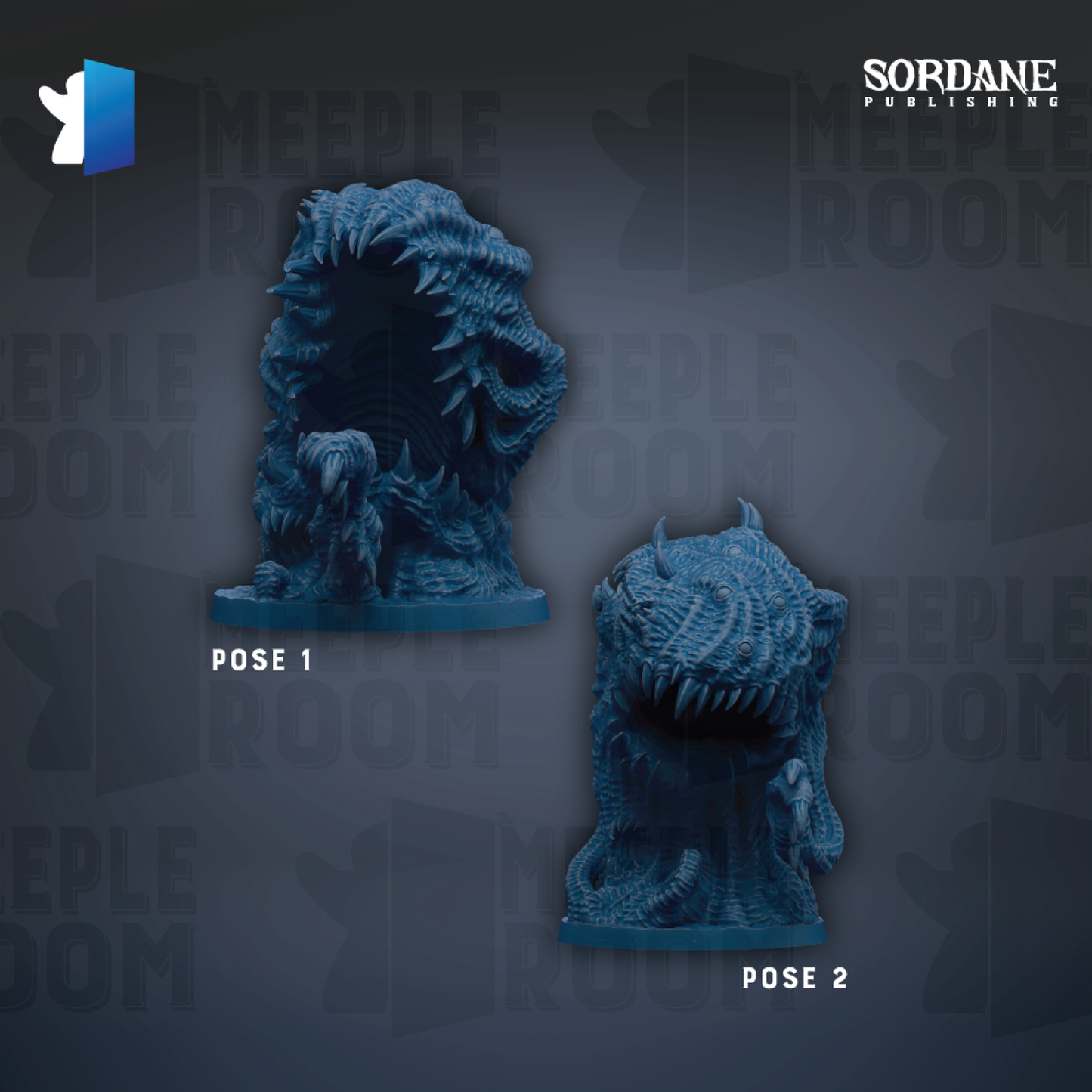 two blue, monster-like figurines with sharp teeth, positioned in different poses.