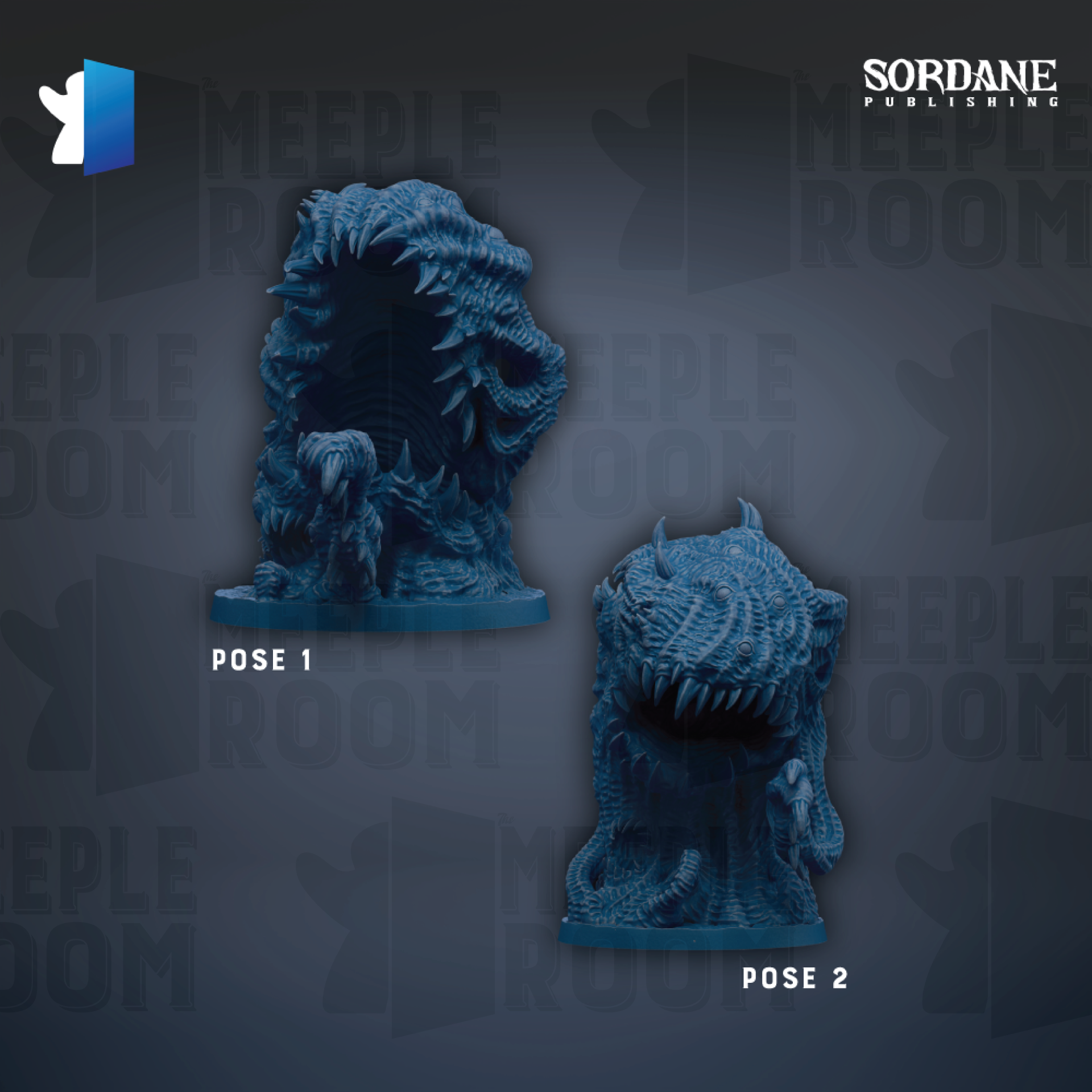 two blue, monster-like figurines with sharp teeth, positioned in different poses.