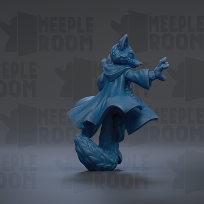 A blue fox figurine is shown in a dynamic pose, with its arms outstretched and a flowing cape, against a dark background with repeated text.