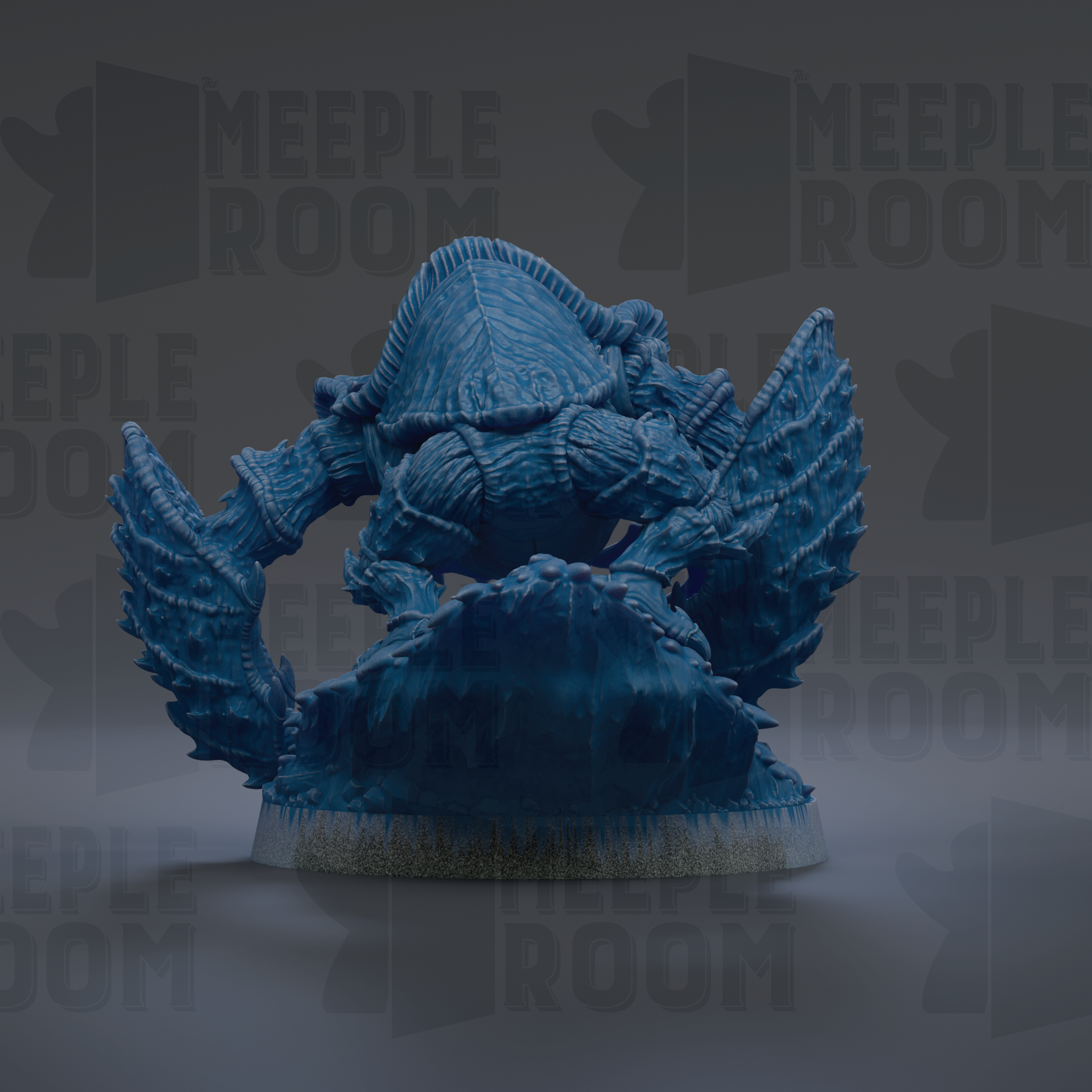 A blue, 3D-rendered crab-like creature with intricate details and textures, sitting on a rock formation.