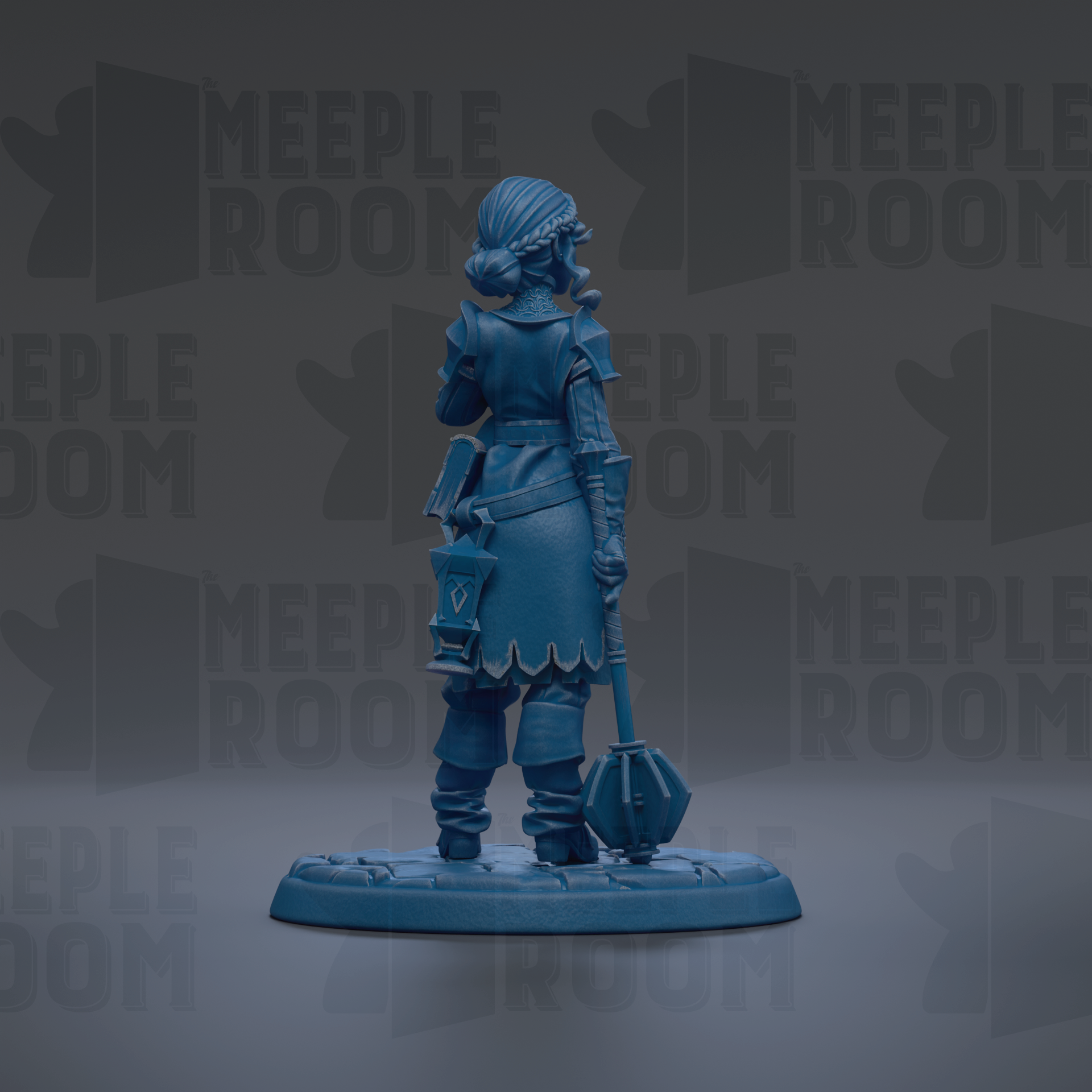 A blue figurine of a person standing in a dark background with the text "MEUPLE ROOM" repeated multiple times.