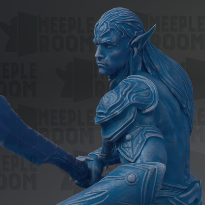 A blue statue of a warrior figure holding a sword and shield, with a serious expression on their face.