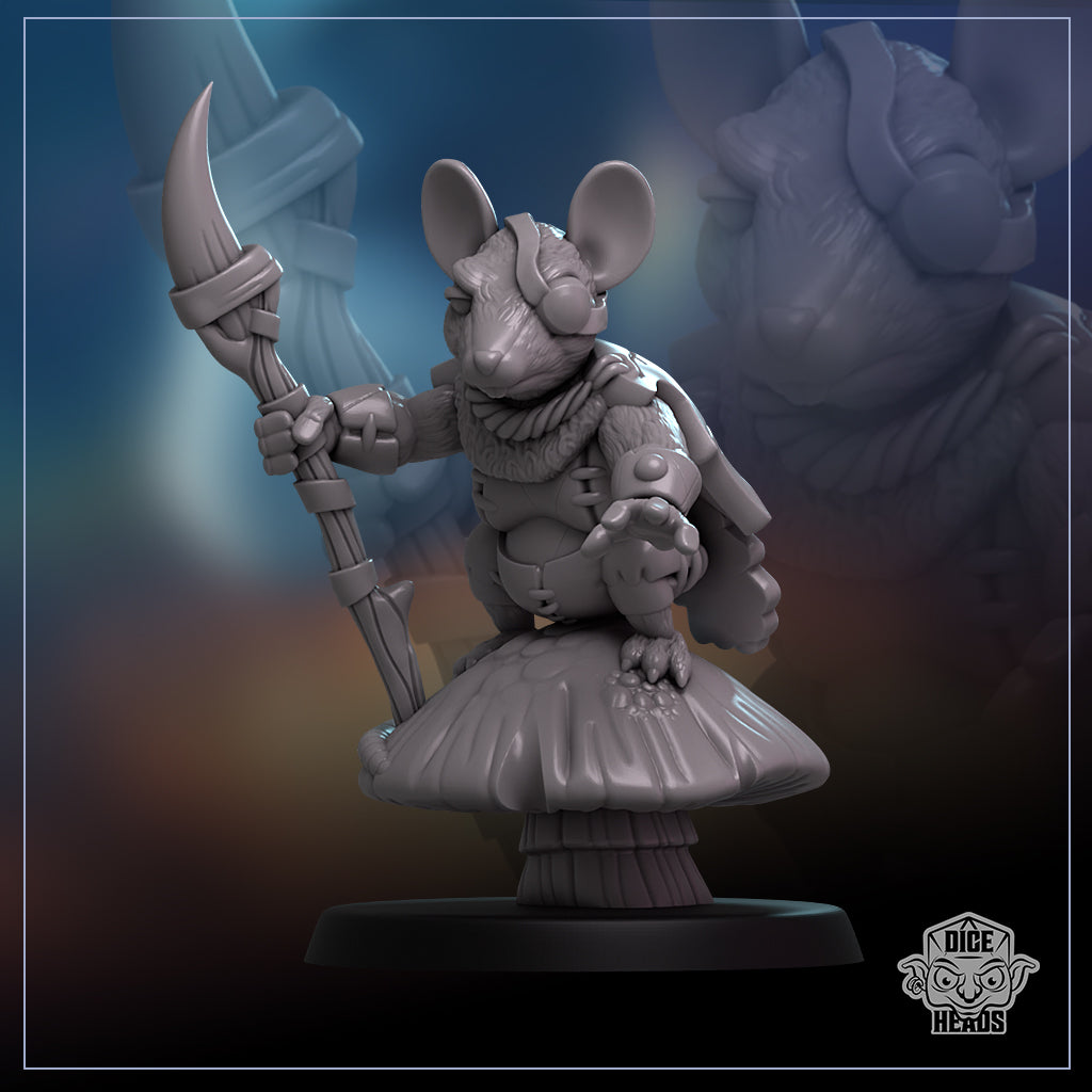 A 3D model of a mouse-like creature holding a staff and standing on a mushroom-shaped base.