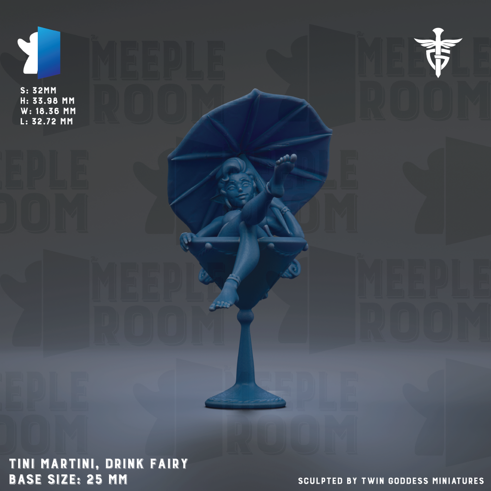 The image is a figurine of a woman sitting in a martini glass, with an umbrella above her. The figurine is blue and appears to be made of plastic. The background is a dark gray color, and there are repeated texts and logos throughout the image.