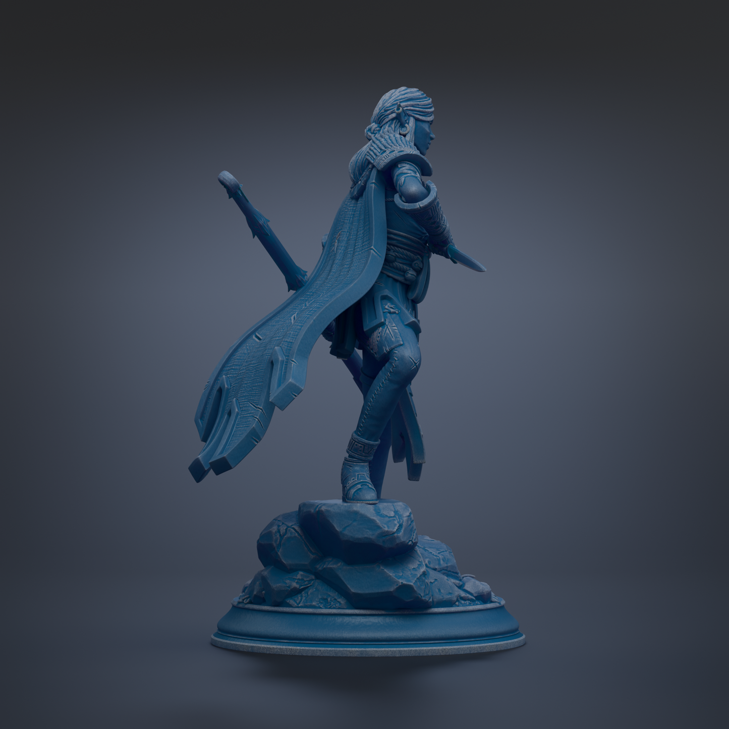 A 3D rendering of a figure in a cape, standing on a rock formation.