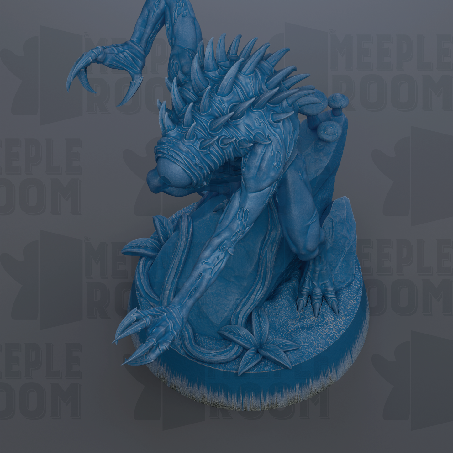 A blue, spiky creature with sharp claws and a fierce expression is depicted in the image.
