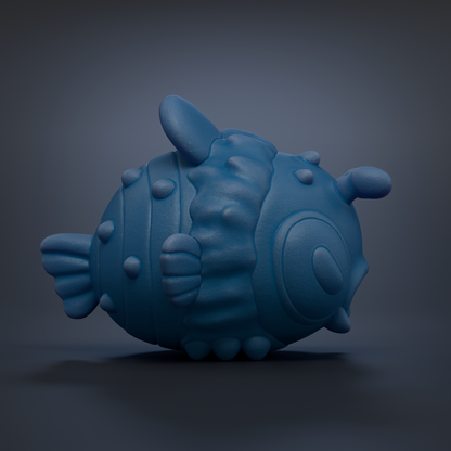A blue, 3D-rendered fish toy with a textured, bumpy appearance is shown against a dark background.
