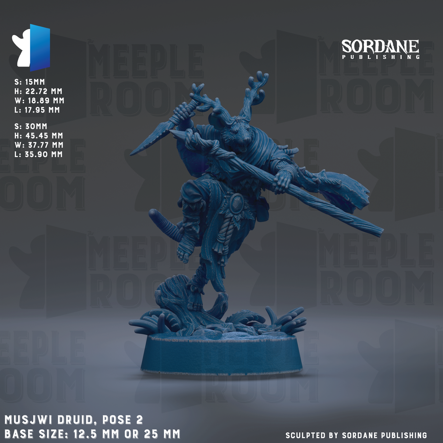 The image is a detailed 3D rendering of a Mus Jwii Druid figurine, with the base size being 12.5 mm or 25 mm. The figurine is posed in a dynamic, fighting stance, with a sword in hand. The background features the repeating text "MEIPLE ROOM" in various sizes and orientations, creating a visually cohesive and engaging composition.