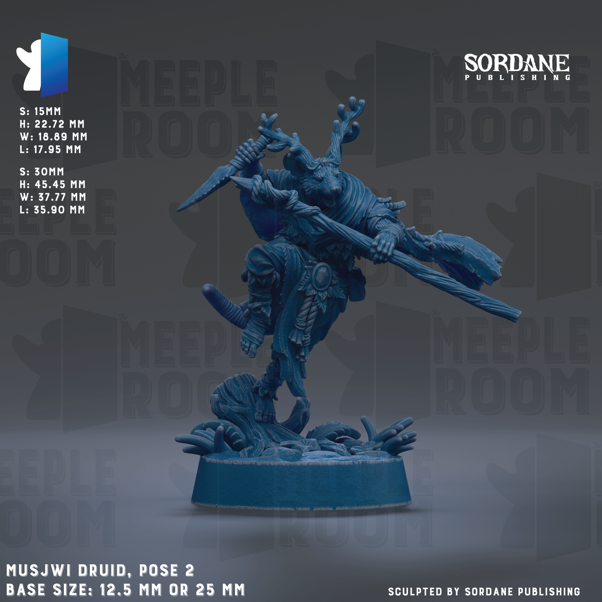The image is a detailed 3D rendering of a Mus Jwii Druid figurine, with the base size being 12.5 mm or 25 mm. The figurine is posed in a dynamic, fighting stance, with a sword in hand. The background features the repeating text "MEIPLE ROOM" in various sizes and orientations, creating a visually cohesive and engaging composition.