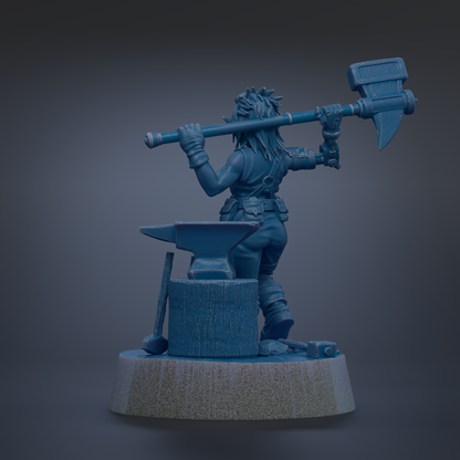 A blue statue of a woman holding a large hammer, standing on a wooden base.