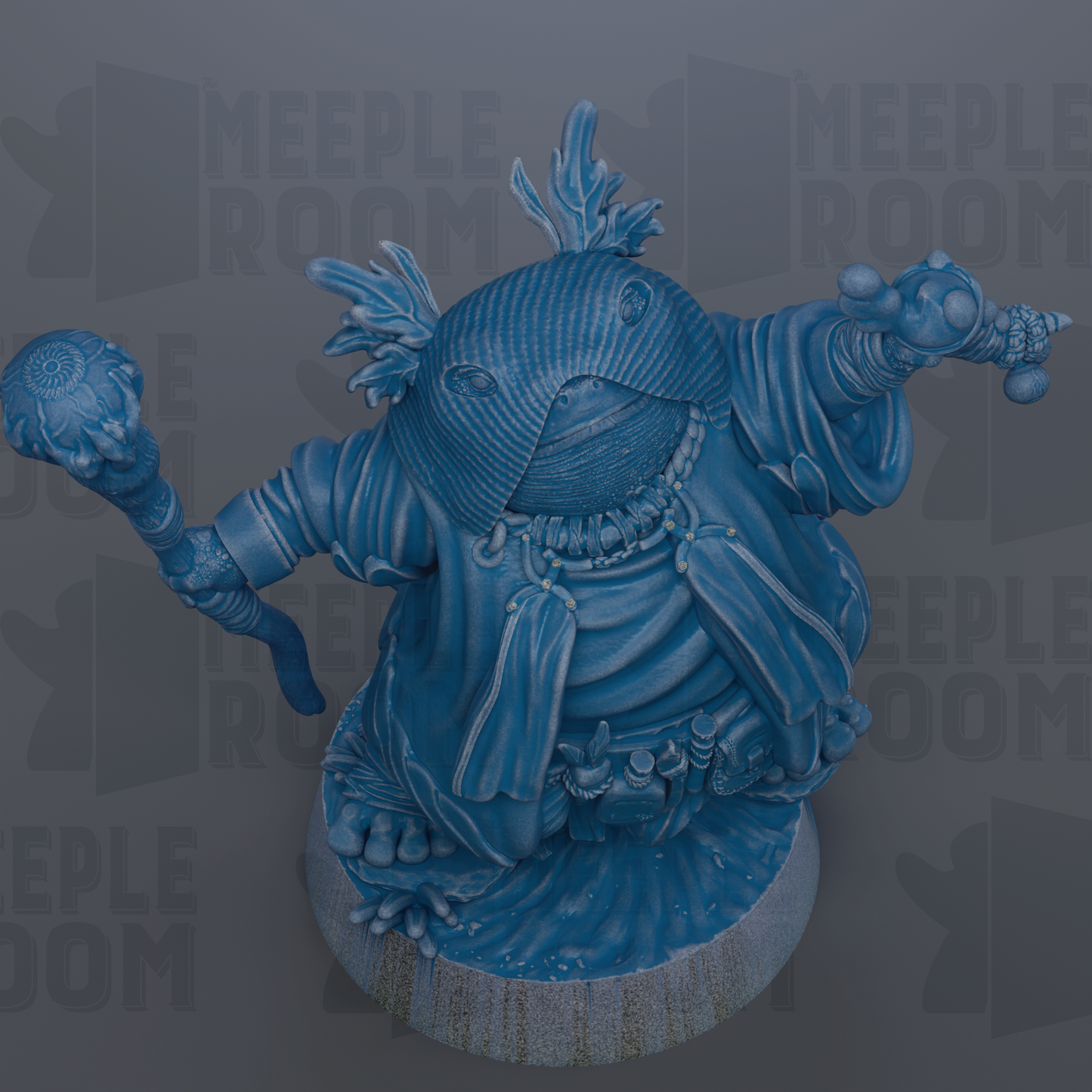 A blue, fantastical creature with a large head and long, flowing robes is depicted in the image.