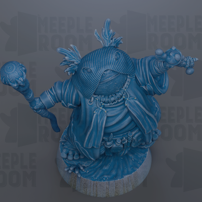 A blue, fantastical creature with a large head and long, flowing robes is depicted in the image.
