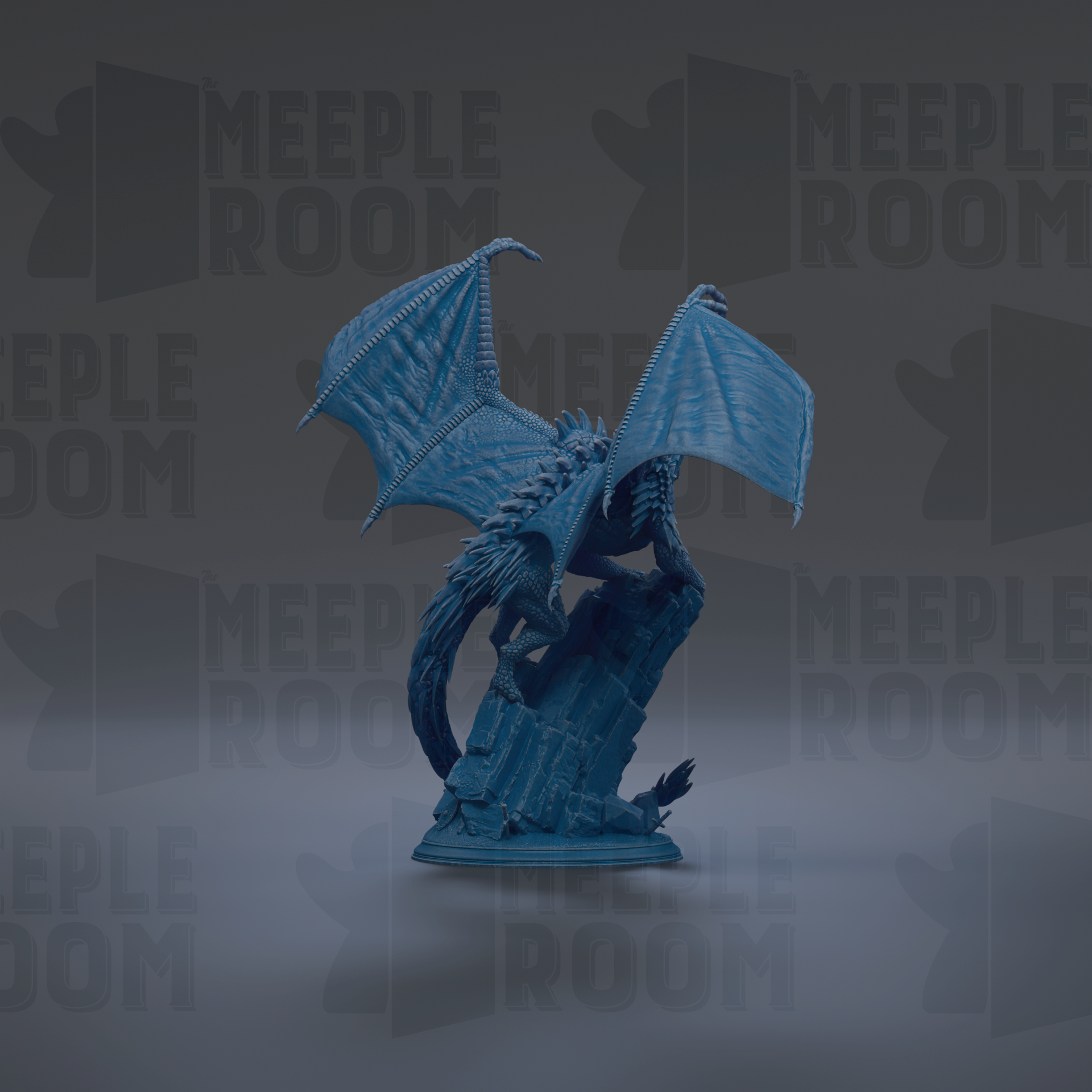 A blue dragon figurine is displayed against a dark background with repeated text.