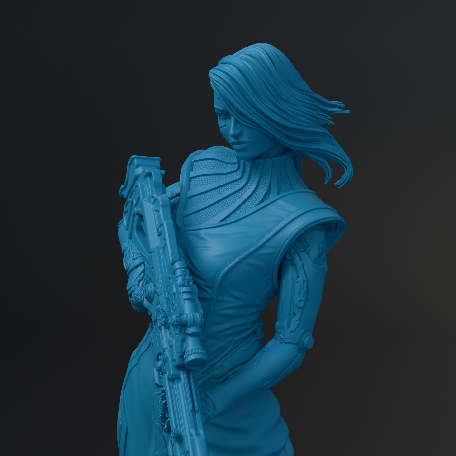 A blue-colored 3D model of a female character holding a futuristic-looking gun.