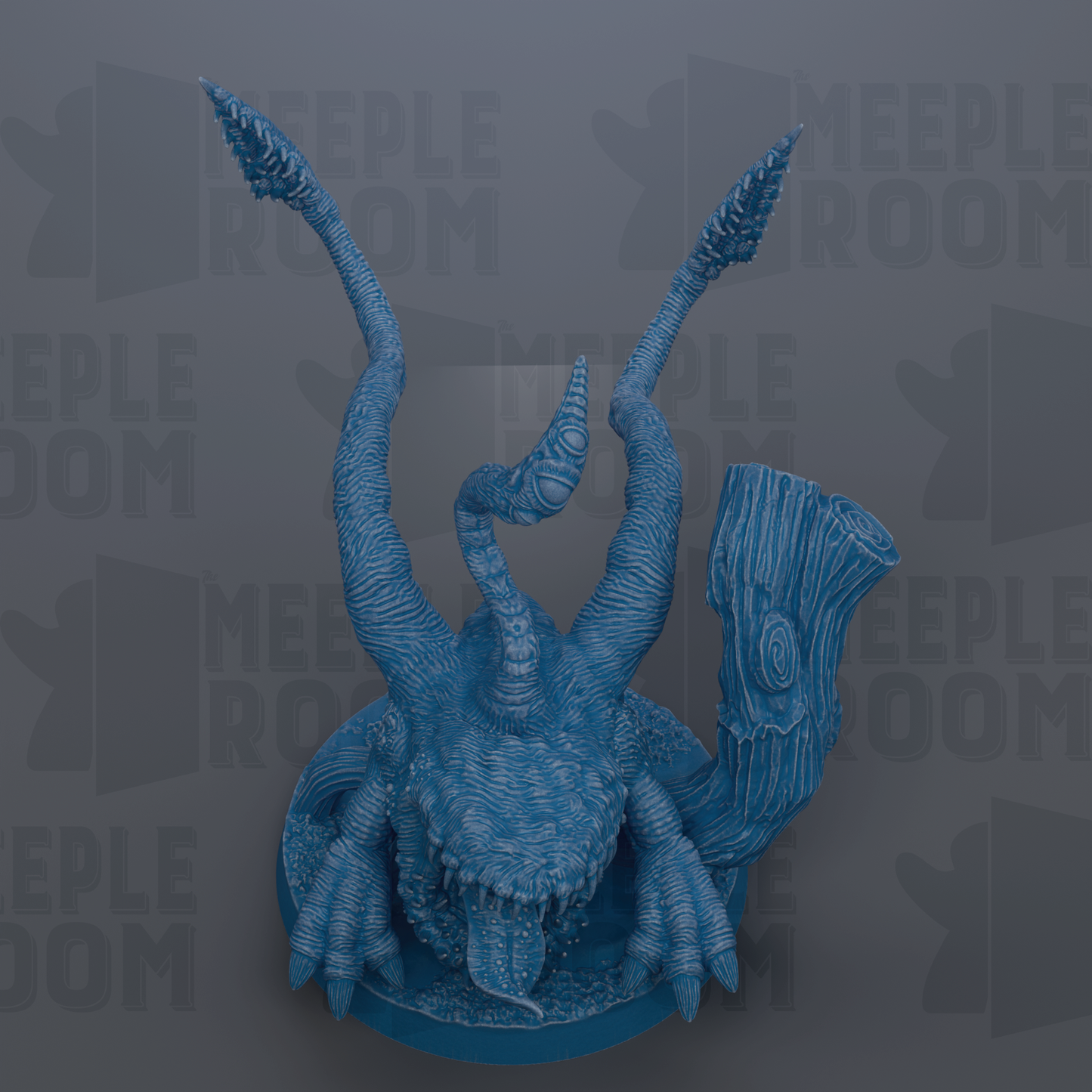 A blue, three-legged monster figurine with a pipe-like object on its back, set against a gray background with repeated text.