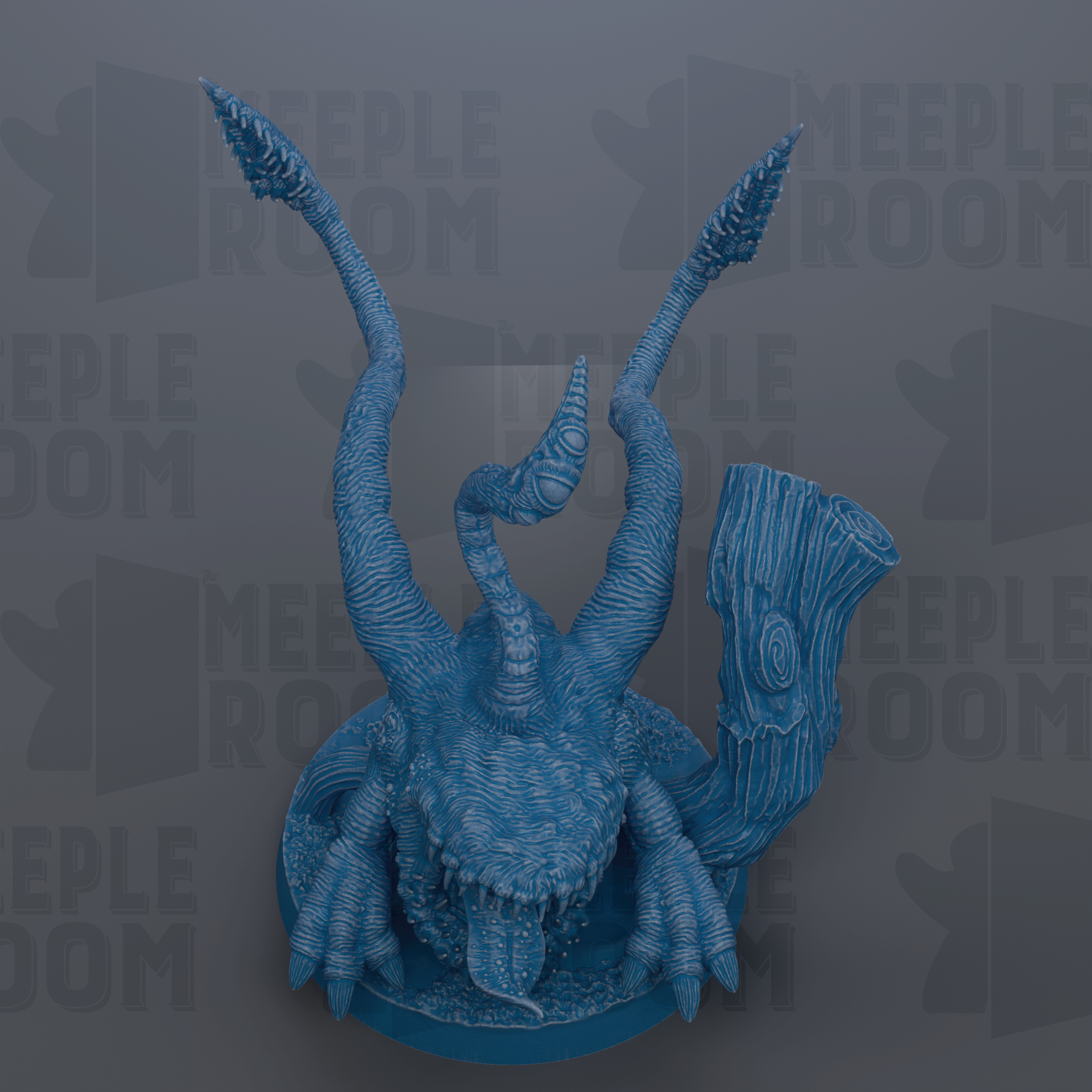 A blue, three-legged monster figurine with a pipe-like object on its back, set against a gray background with repeated text.