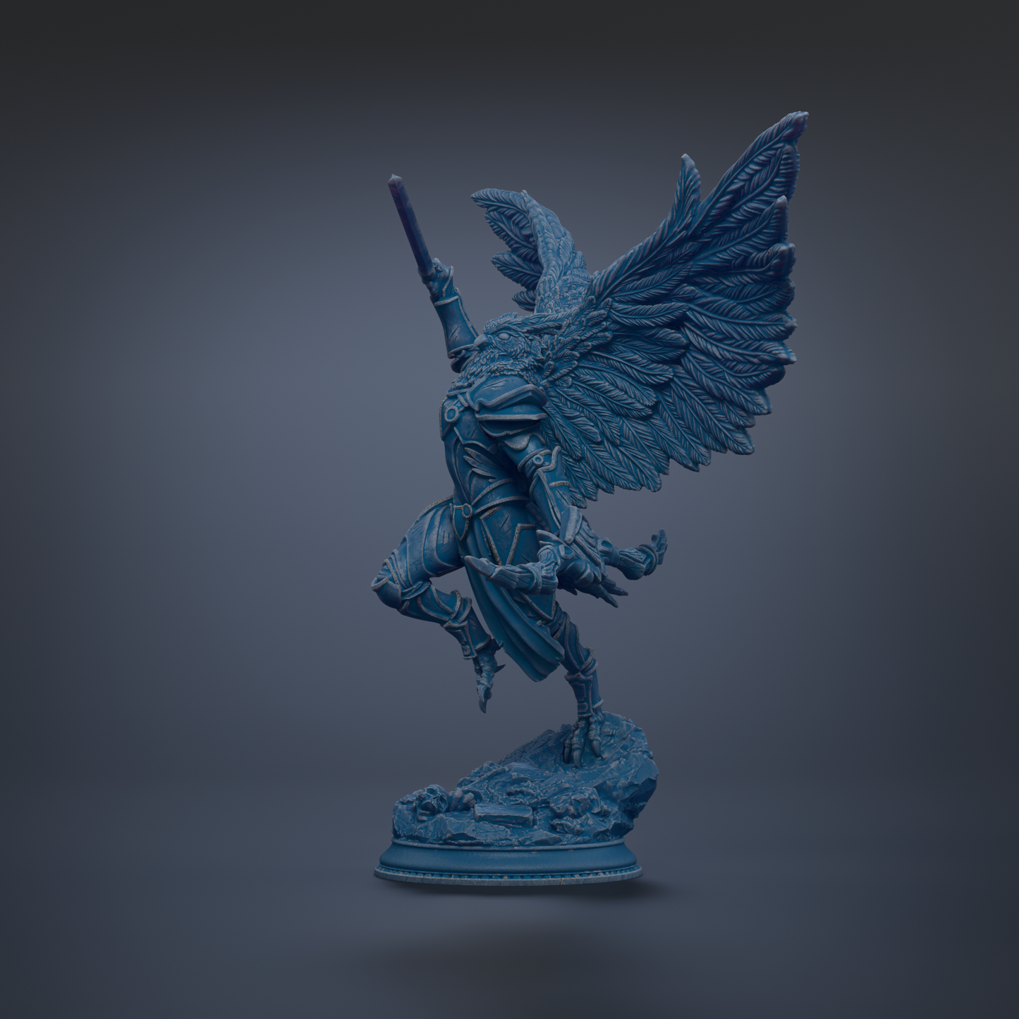 A blue statue of a winged figure with a sword in hand, standing on a rock.