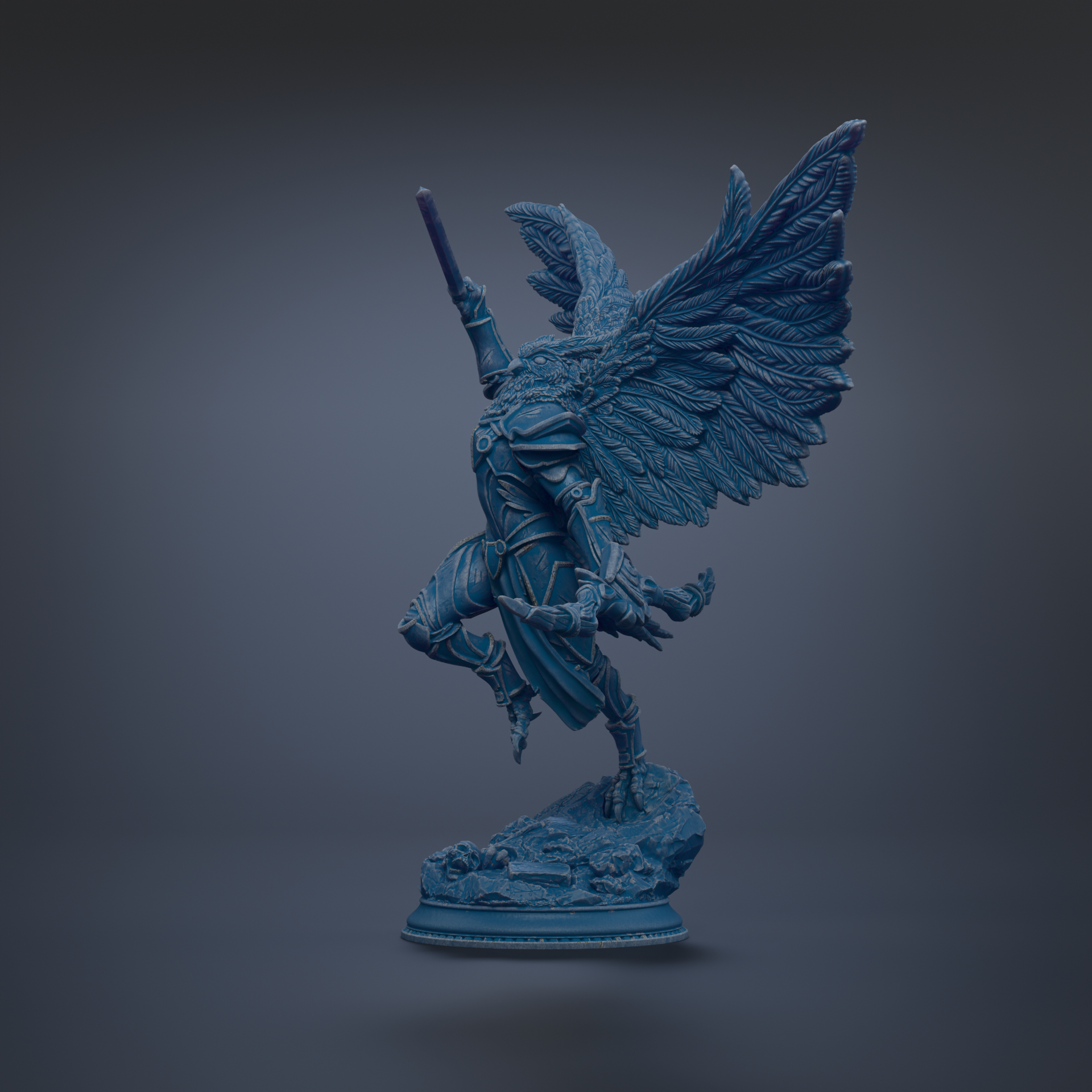 A blue statue of a winged figure with a sword in hand, standing on a rock.