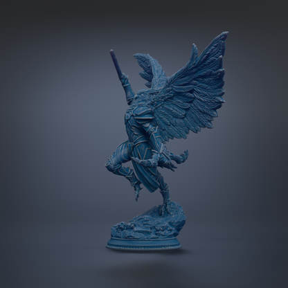 A blue statue of a winged figure with a sword in hand, standing on a rock.