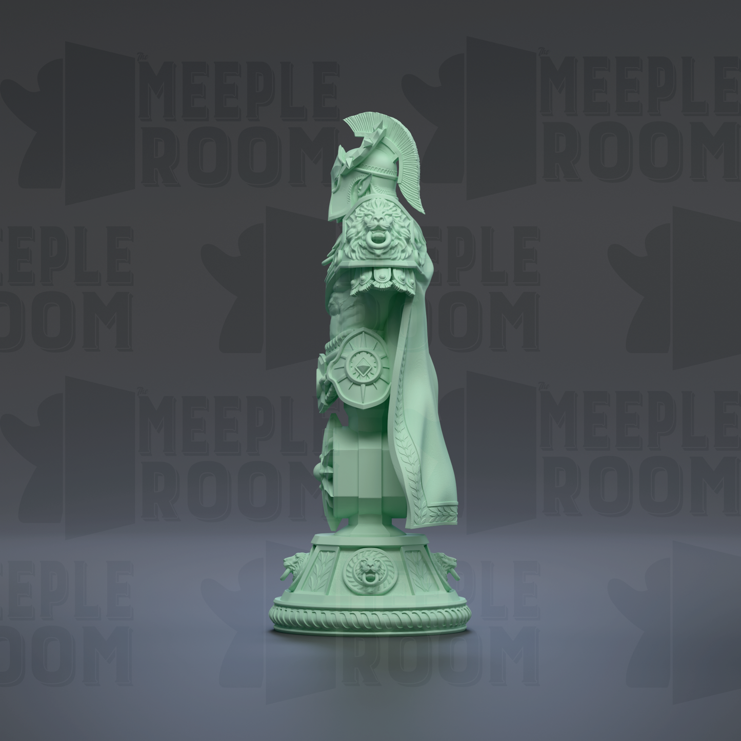 A green statue of a figure with a helmet and decorative elements stands on a pedestal against a dark background with repeated text.
