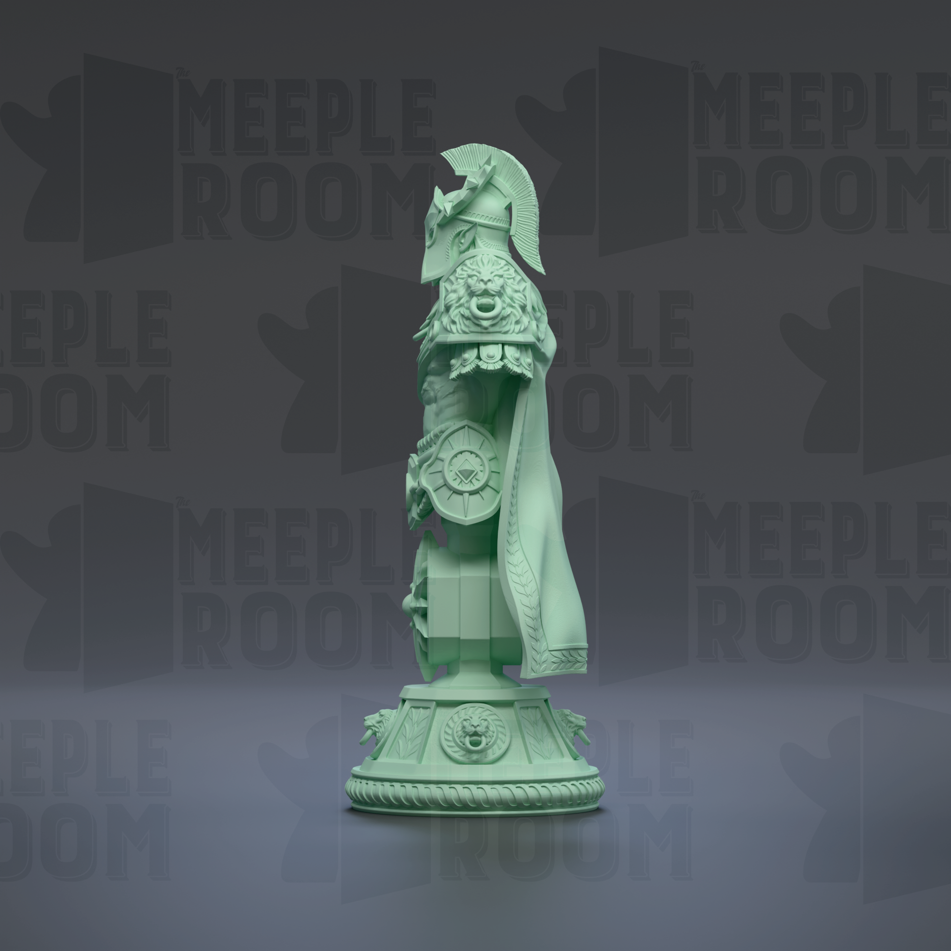 A green statue of a figure with a helmet and decorative elements stands on a pedestal against a dark background with repeated text.