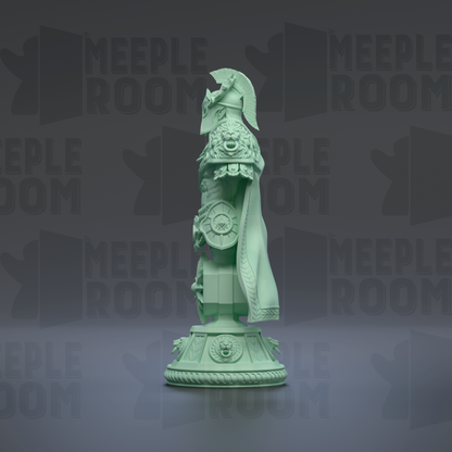 A green statue of a figure with a helmet and decorative elements stands on a pedestal against a dark background with repeated text.