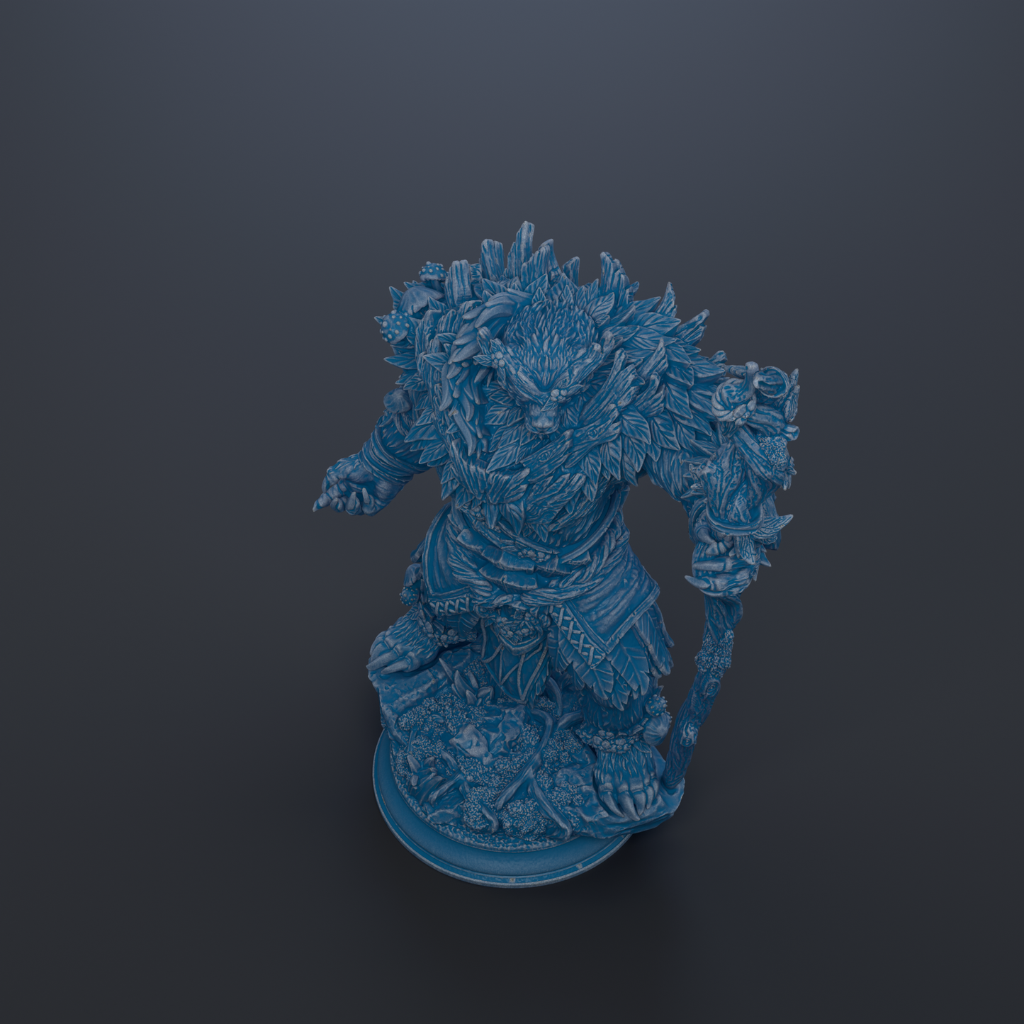 A 3D rendering of a detailed, intricate statue of a fantastical creature, possibly a dragon or mythical beast, set against a dark background.