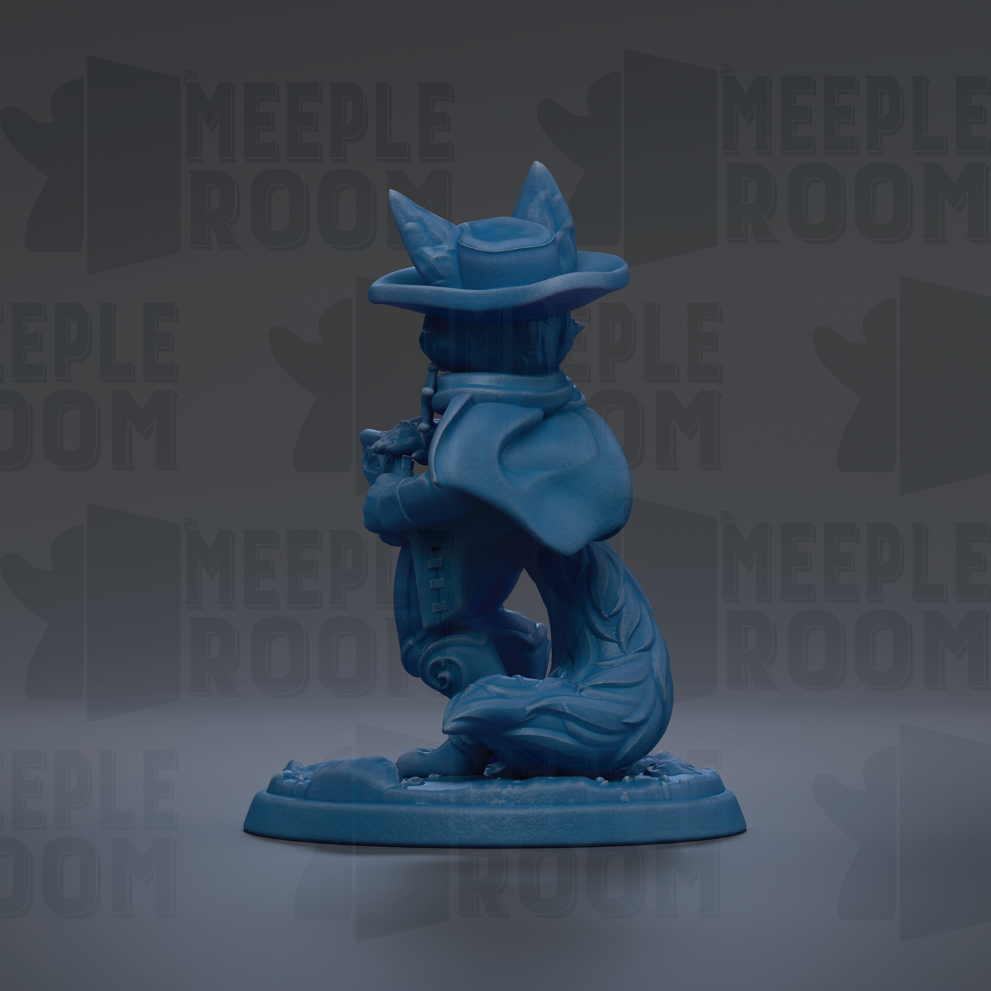 A blue figurine of a cat-like creature with a hat and cape, sitting on a base and facing away from the camera.