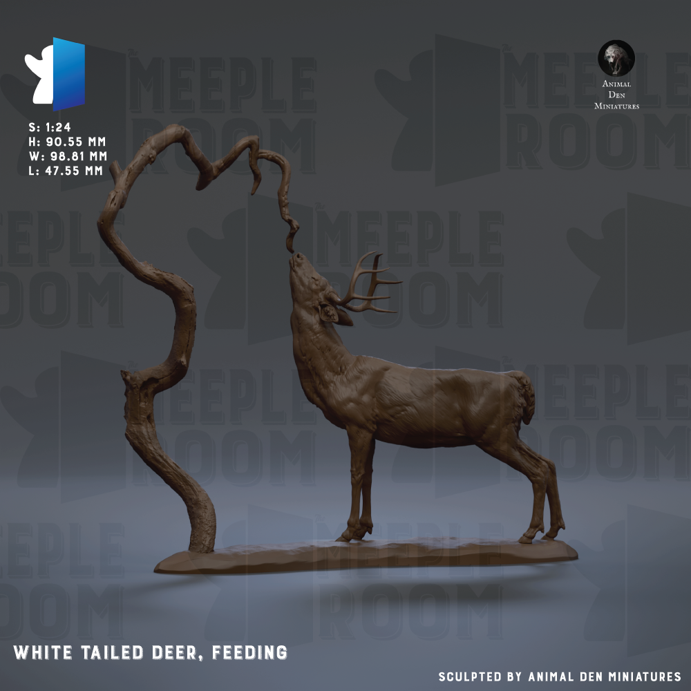 The image is a 3D model of a white-tailed deer, a type of deer, depicted in a feeding pose. The deer is shown with its head raised, possibly in the process of eating or drinking. The background of the image is a dark gray color, which contrasts with the deer and makes it stand out. The image is a sculpture, and it is described as being created by Animal Den Miniatures.