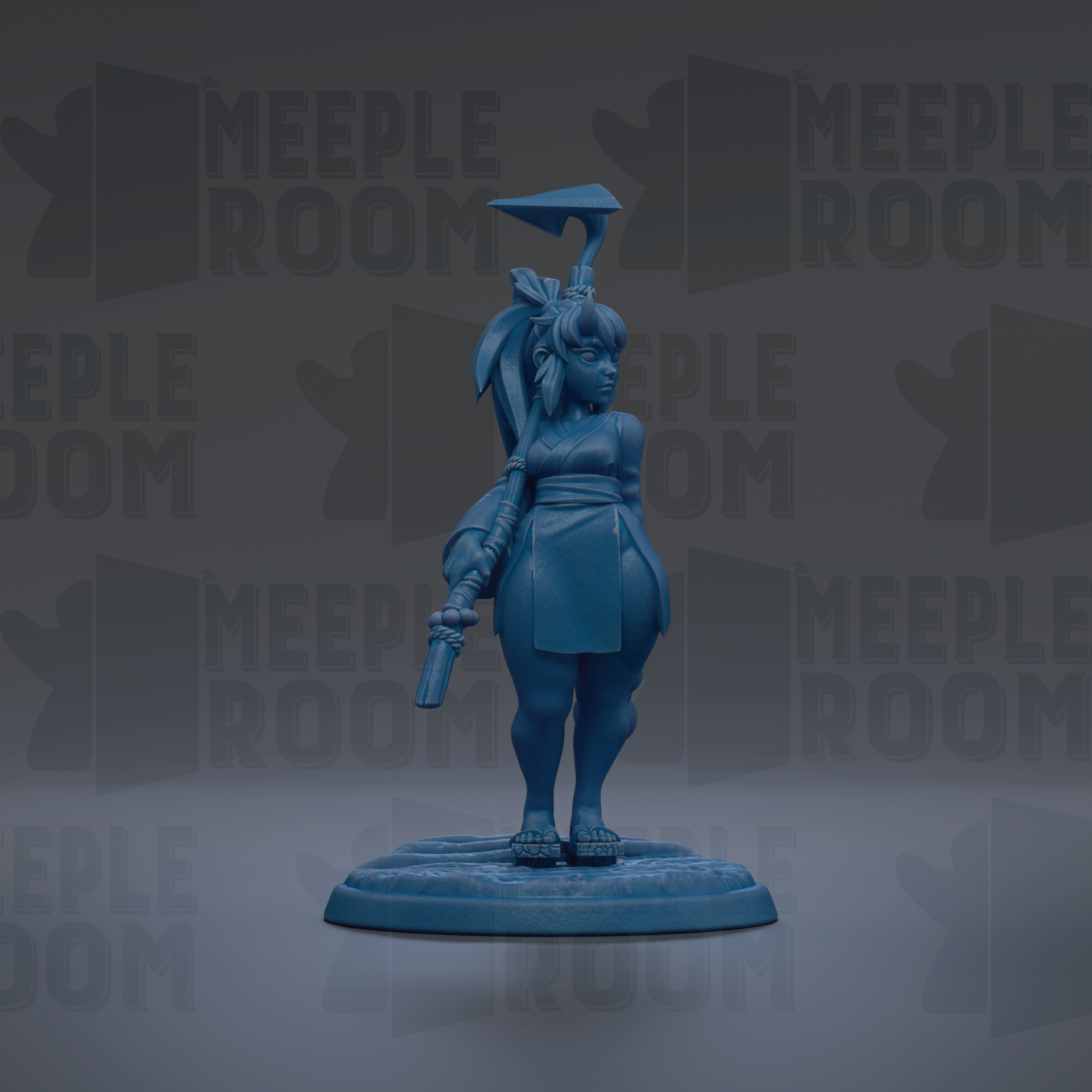 A blue figurine of a woman holding a sword and shield stands on a base against a dark background with repeated text.