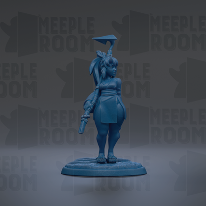 A blue figurine of a woman holding a sword and shield stands on a base against a dark background with repeated text.