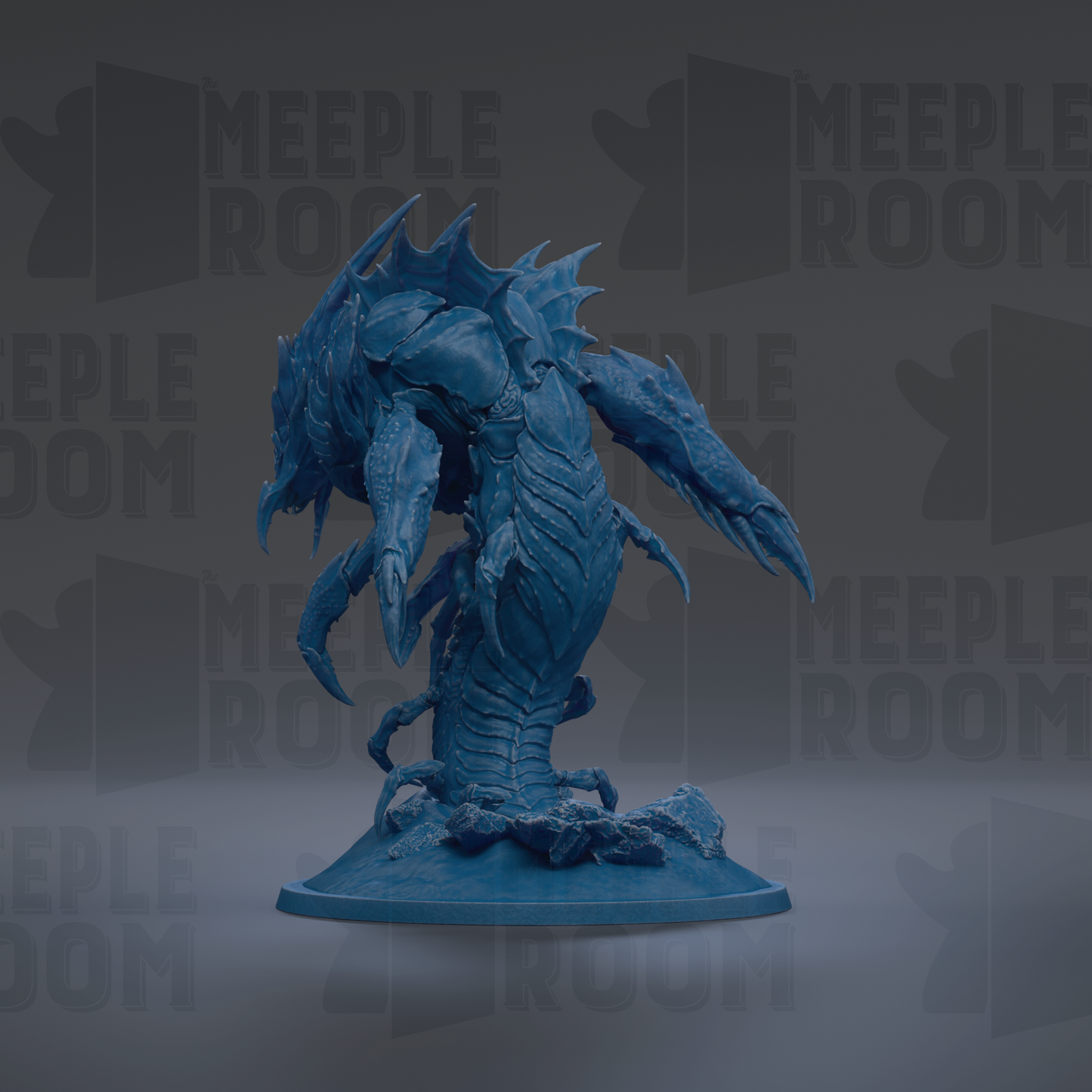A blue, 3D-rendered creature resembling a dragon or sea monster, with sharp teeth and claws, is depicted in the image.