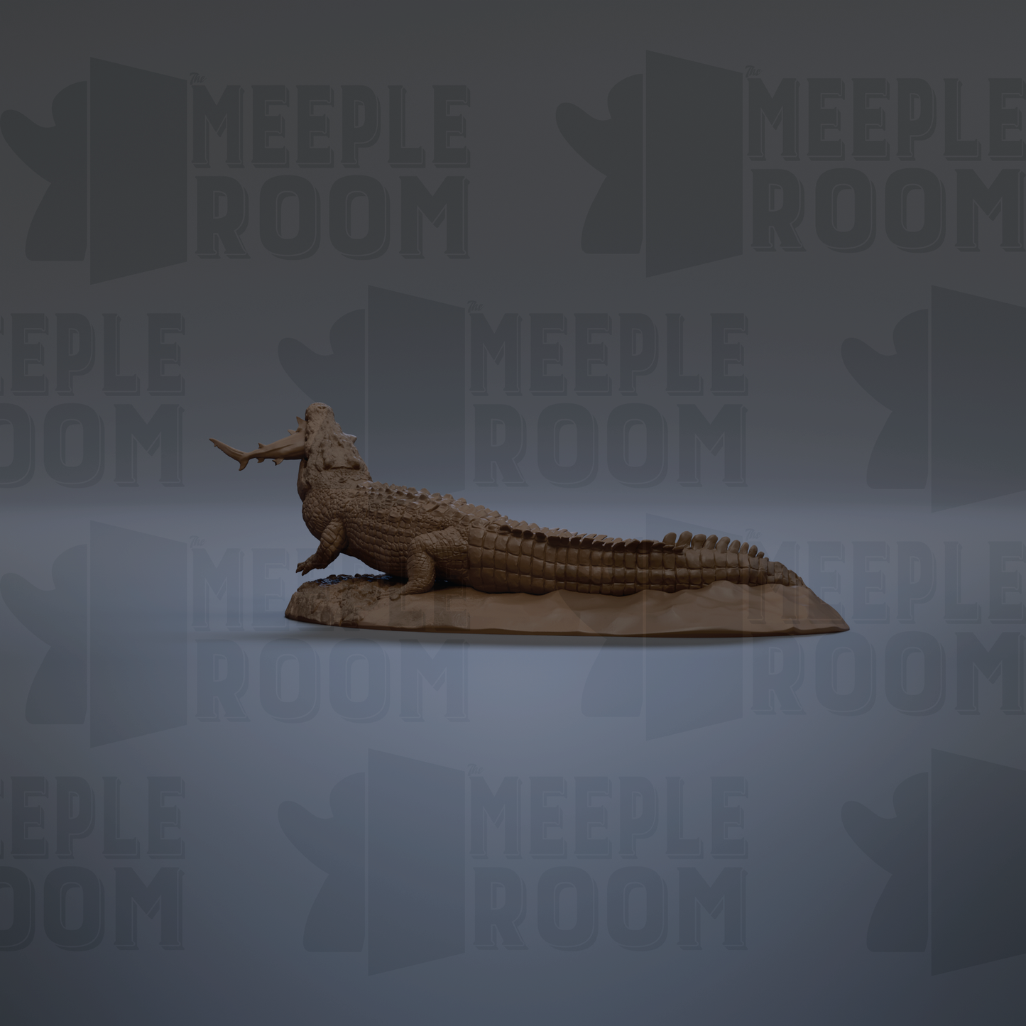 A 3D rendering of a crocodile statue with its mouth open, sitting on a rock.